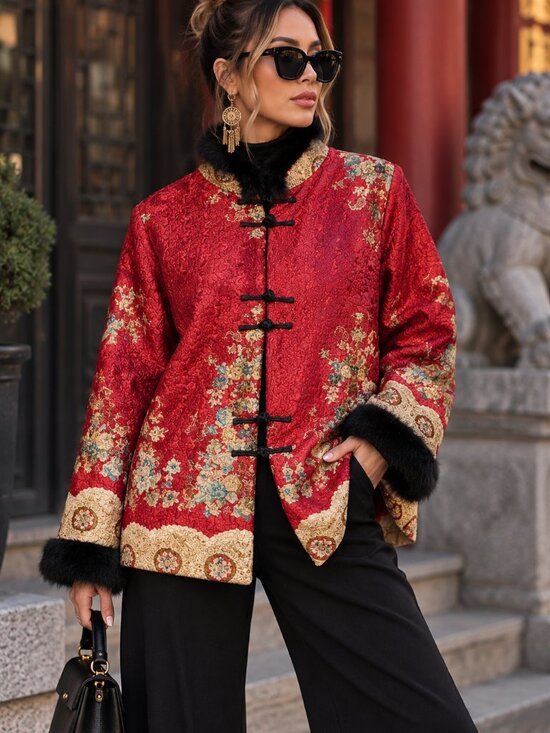 Unbranded Jackets & Blazers - 697 - Red Brocade Mandarin Collar Frog Closure Faux Fur Jacket XL